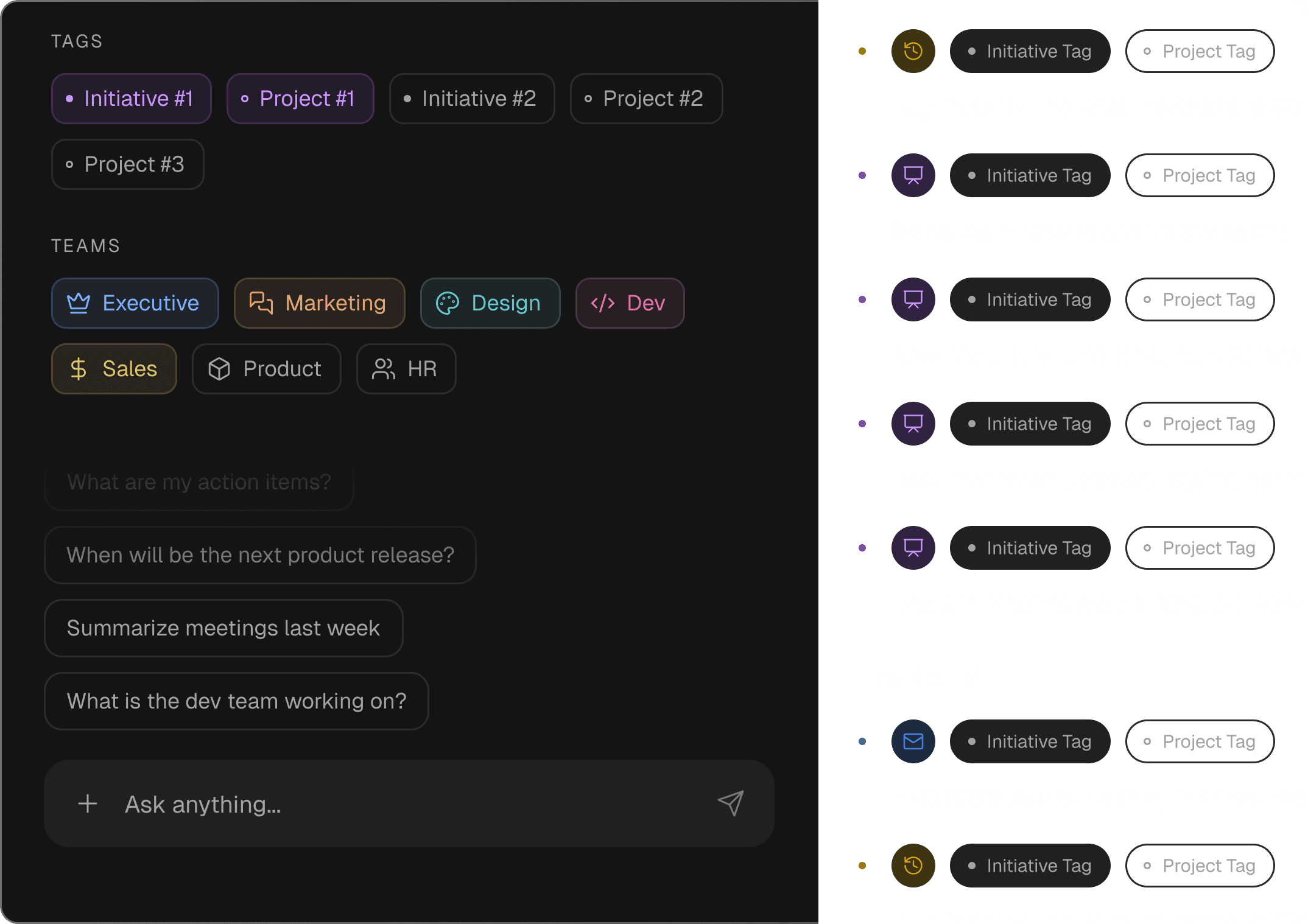 Insights interface showing tags and teams