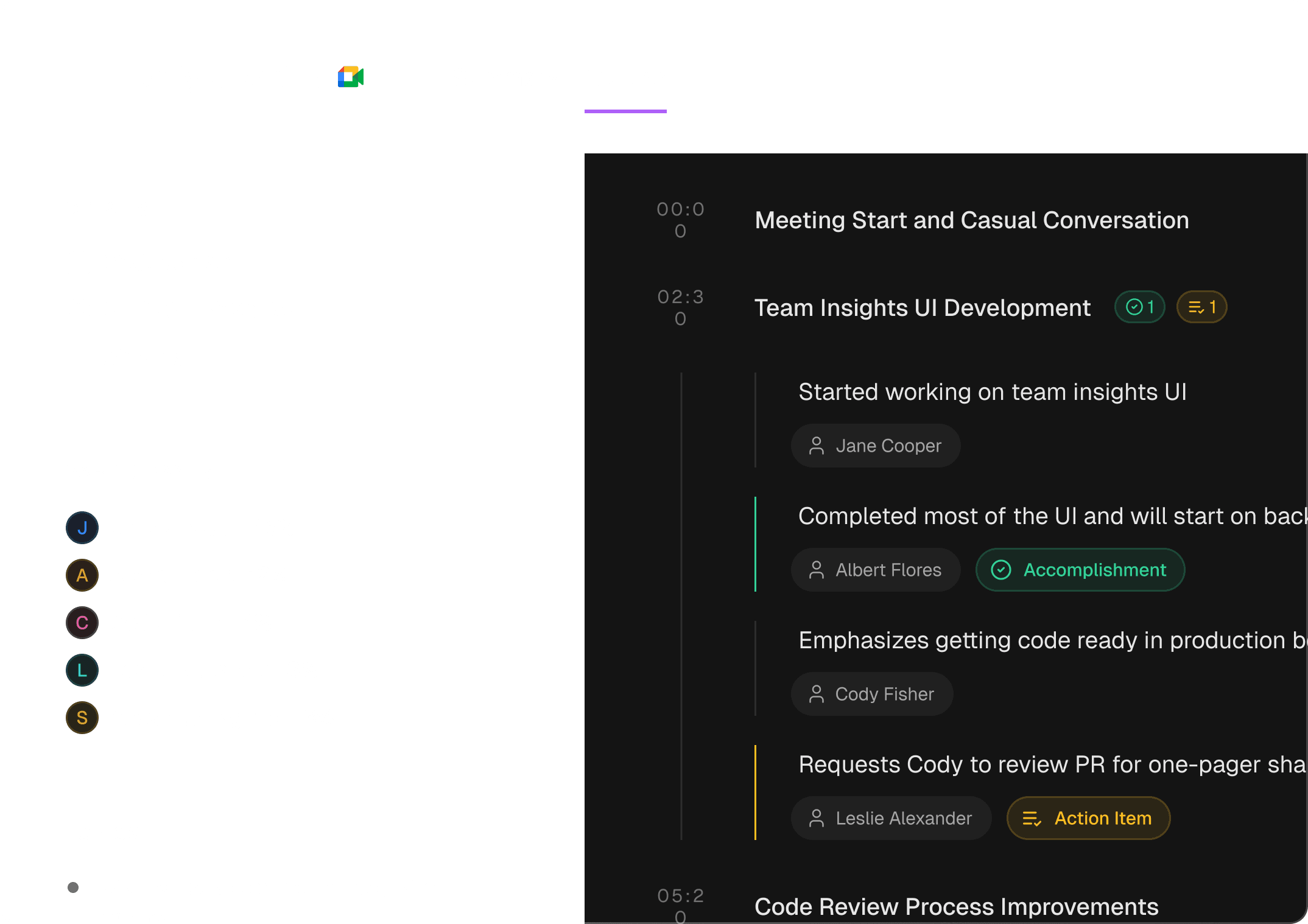 Meetings interface showing conversation timeline