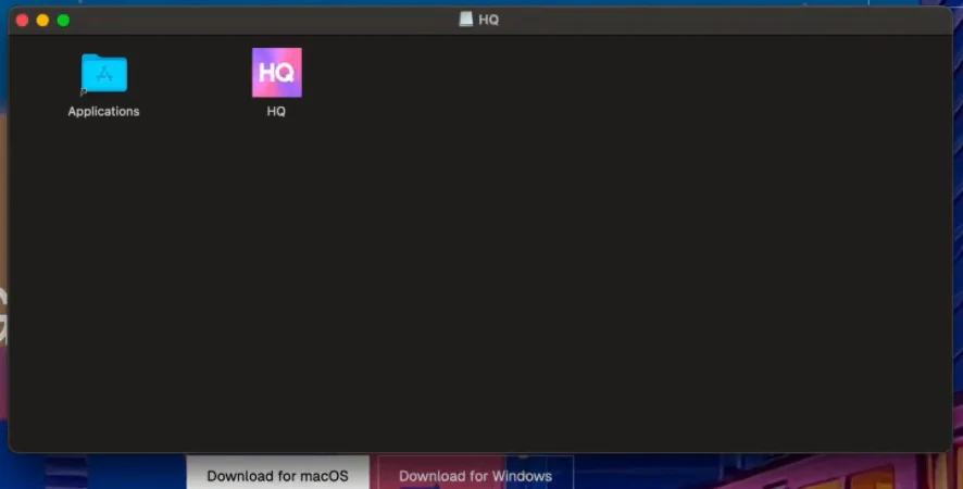 Mounted HQ disk image with separate HQ and Applications icons.