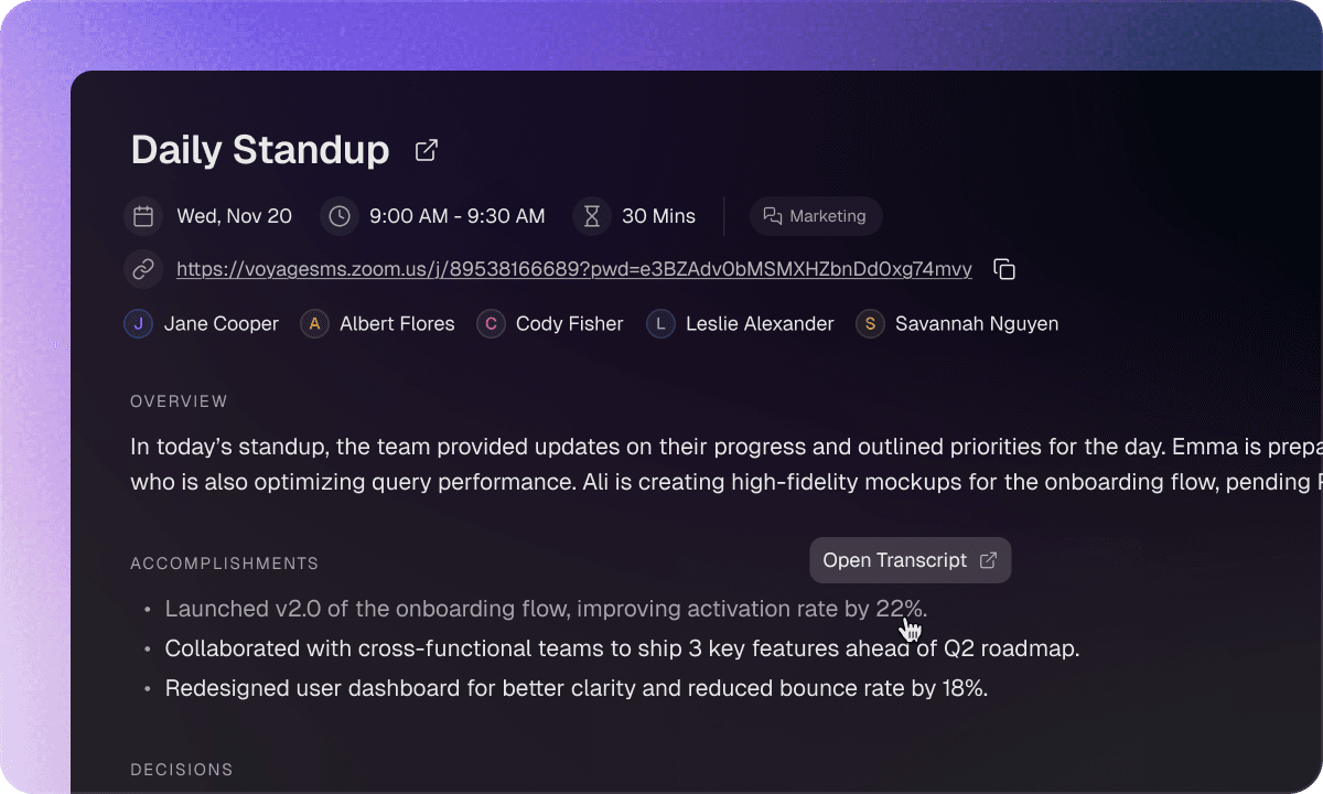 Meetings feature screenshot
