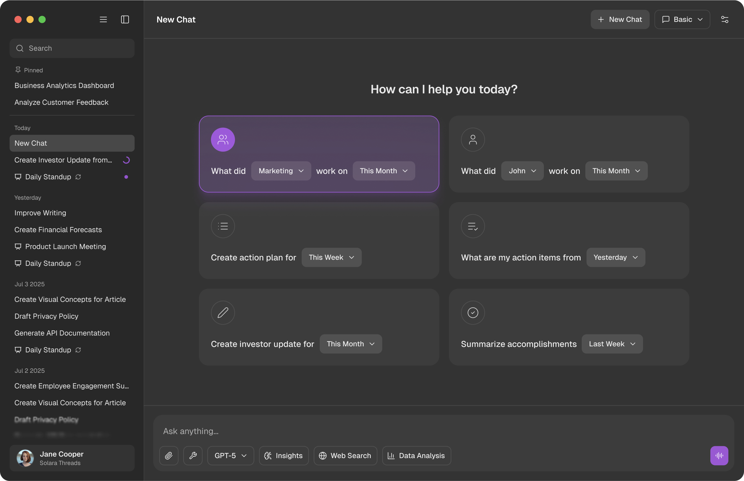 Indigo AI interface with business intelligence dashboard and chat functionality